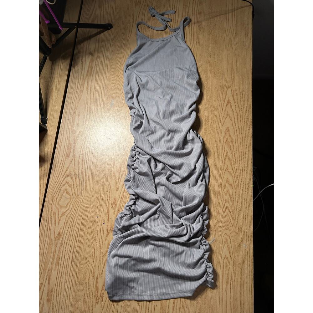 B75 New Women’s Ribbed Ruched dress 👗 Gray Size Small